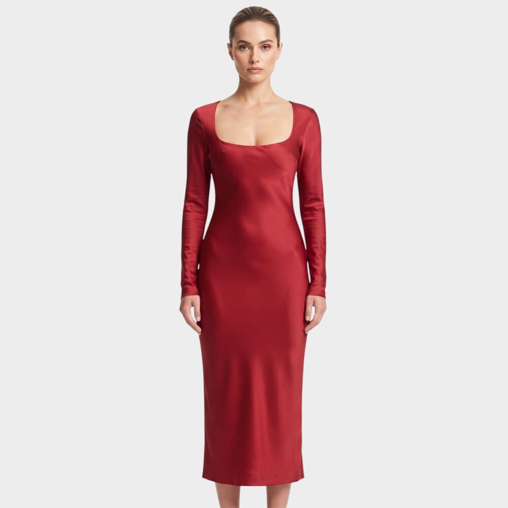 Naked Wardrobe Squared Away Long Sleeve Bodycon Midi Dress Square Neck Small